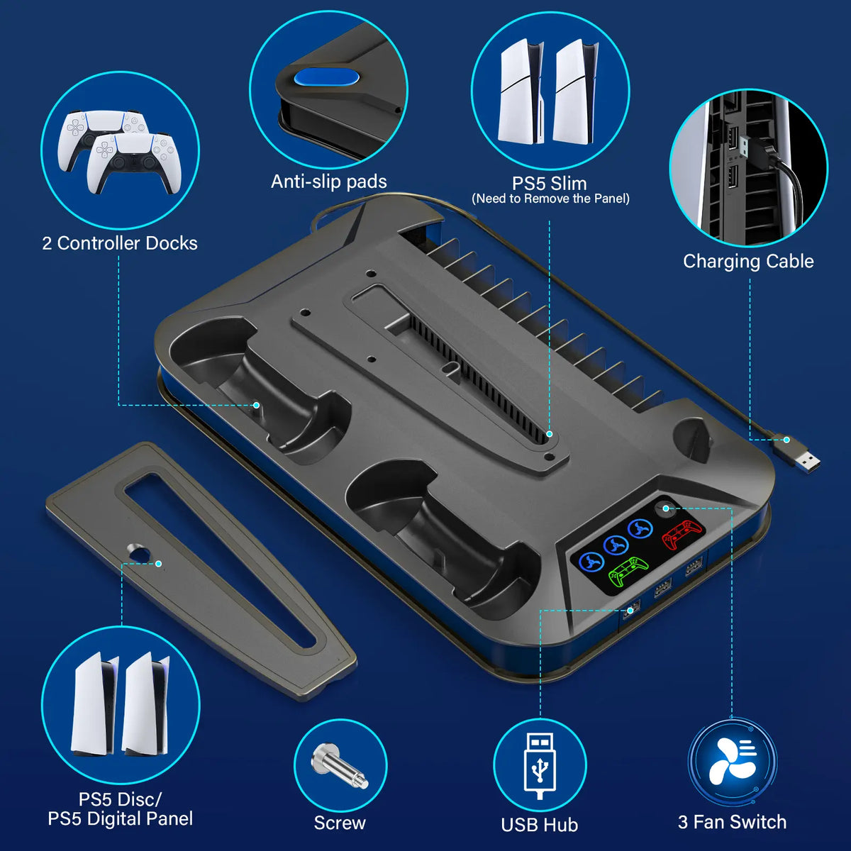 PS5 Cooling Station with Dual Controller Charging Base, 3-Level Silent Cooling Fan, Vertical Stand for Ps5/Slim/Pro Disc & Digital, Christmas Gifts