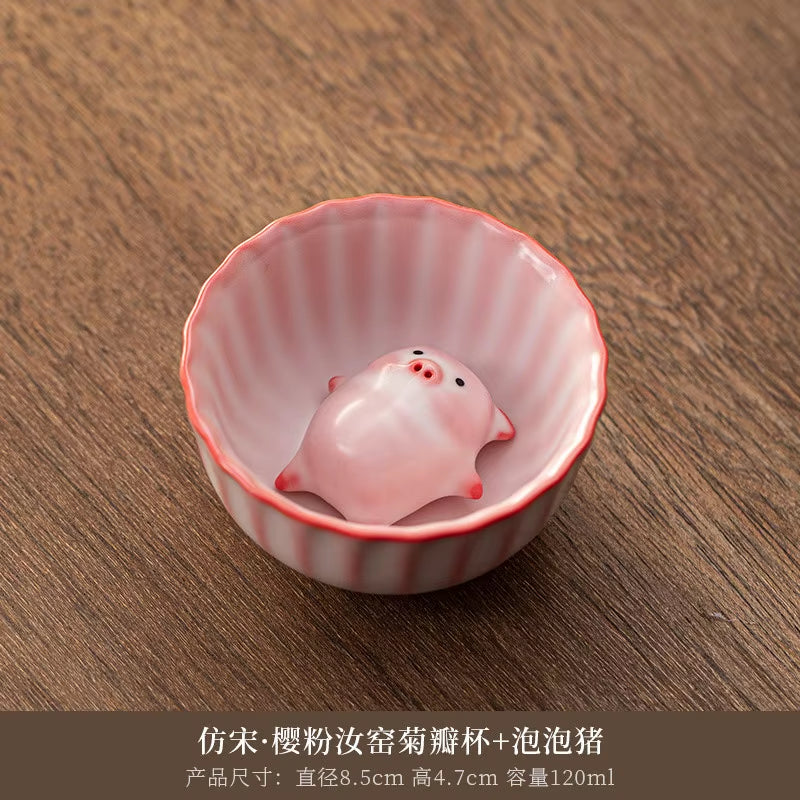 Bubble-Blowing Pig Tea Pet, Celadon Glaze Teacup,Creative Gongfu Tea Set | Unique Gift