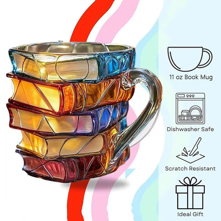 Painted Book Mug 11Oz Novelty 3D Painted Books Coffee Mug Unique Colorful Resin Books Stack Coffee Cup Collection Gifts