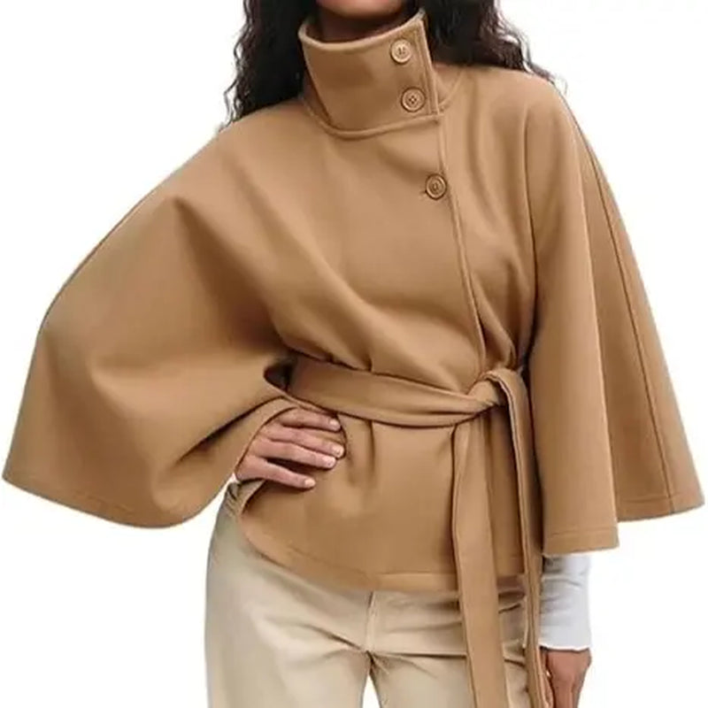 Yeezaa Poncho Pea Coat for Women Wool Blend Oversized Belted 2026 Fashion Fall Winter Elegant Stand Collar Cropped Cape Jacket Batwing Sleeve Trendy Casual Outerwear Overcoat