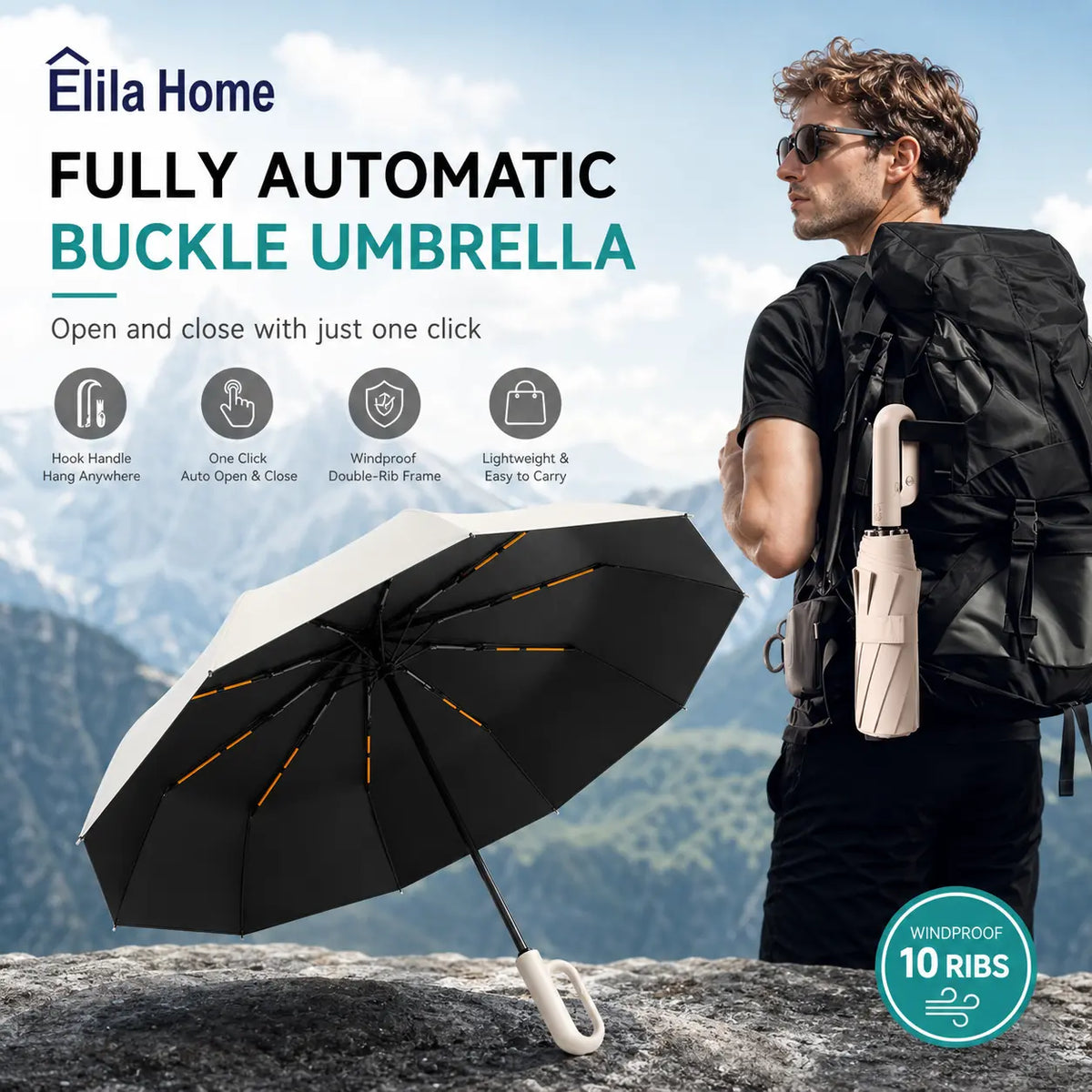 Automatic Folding Umbrella, 1 Count Windproof Waterproof Travel Umbrella for Rain, Compact Portable Small Umbrella for Purse Backpack, Lightweight Auto Umbrella for Men Women Daily Use
