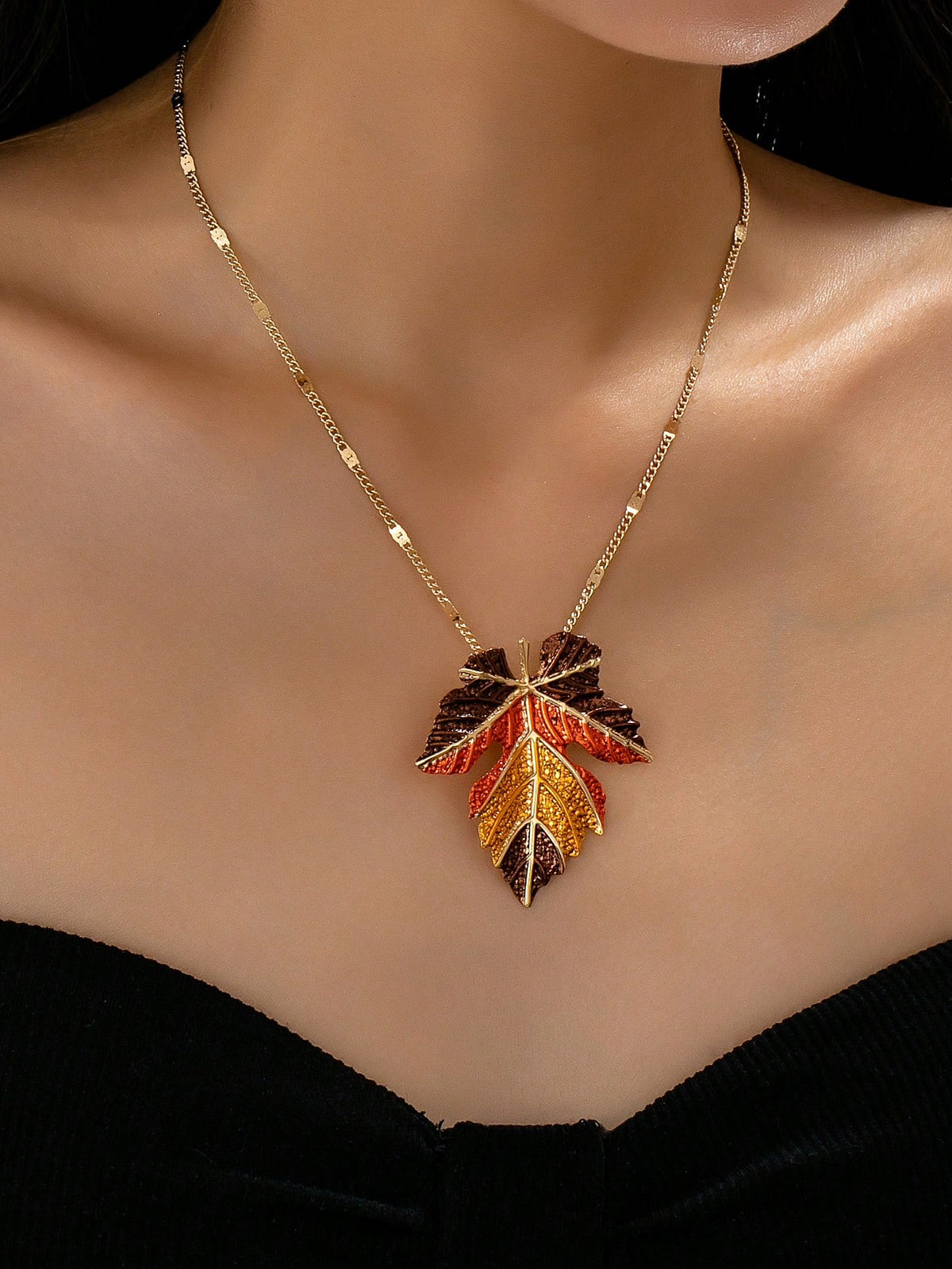 1Pc Autumn Maple Leaf Painted Alloy Necklace for Women