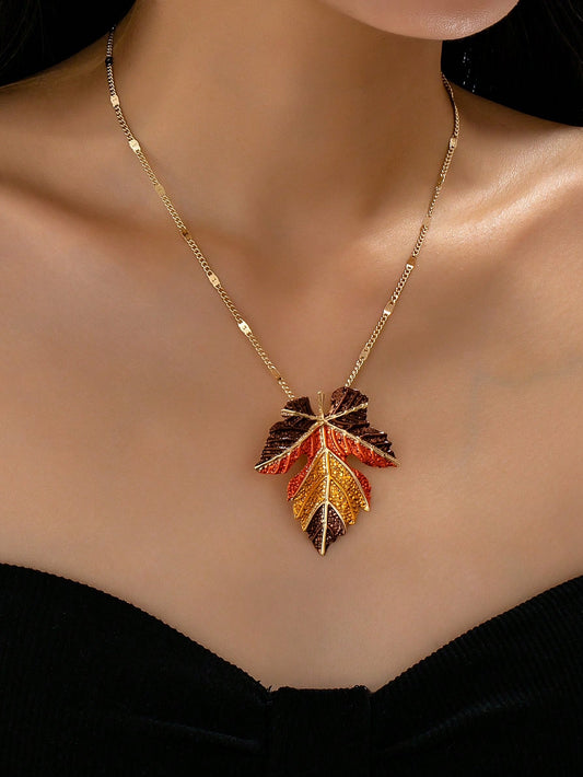 1Pc Autumn Maple Leaf Painted Alloy Necklace for Women