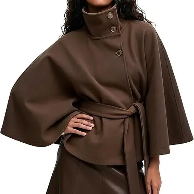 Yeezaa Poncho Pea Coat for Women Wool Blend Oversized Belted 2026 Fashion Fall Winter Elegant Stand Collar Cropped Cape Jacket Batwing Sleeve Trendy Casual Outerwear Overcoat