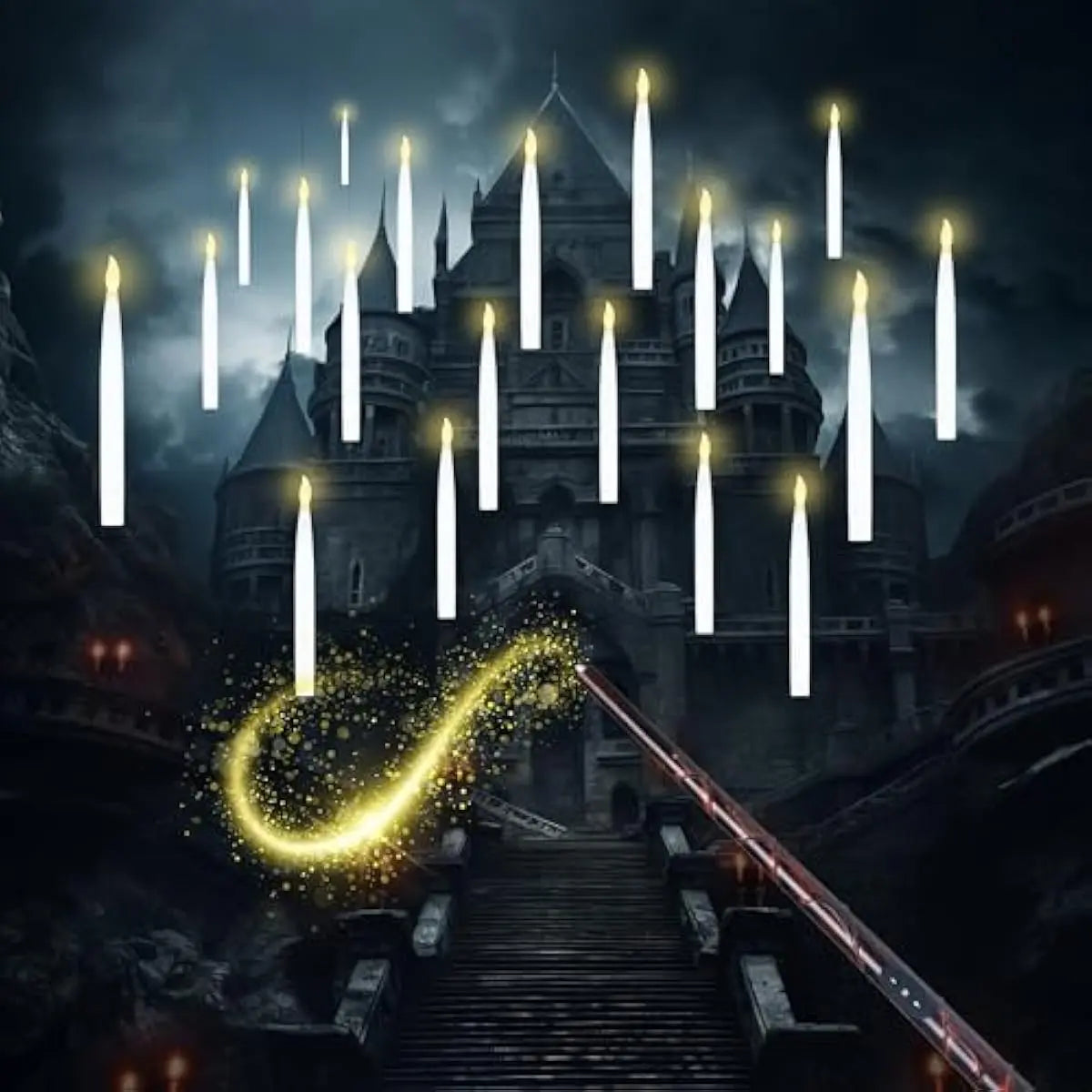 20Pcs Halloween Floating Candles with Wand Remote Flickering Warm Light Taper Magic Hanging Candles with 2 Light Mode and Timer Flameless LED Candle for Halloween Window Decorations Party Gift,Decorative Lights