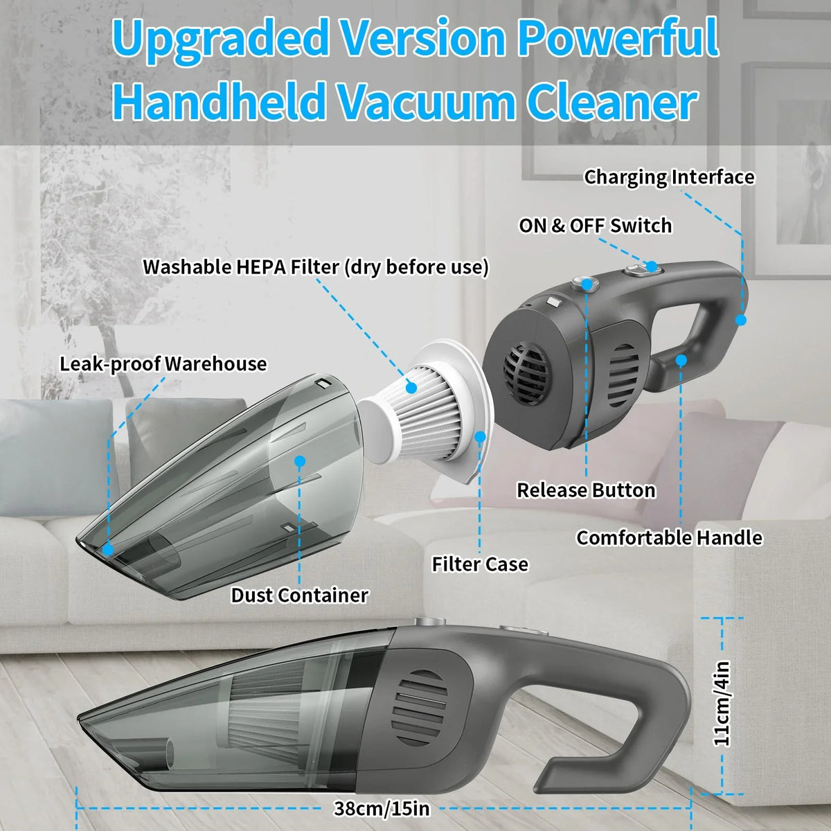 Portable Car Vacuum Cleaner, 120W Cordless Handheld Vacuum 7.5KPA Powerful Wet Dry Vac Multi-Purpose for Home Car Pet Hair
