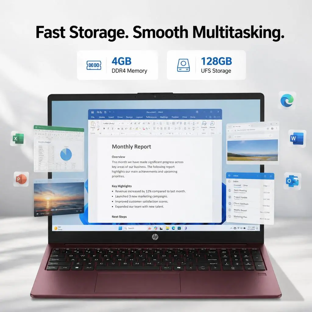 HP 15.6In HD Laptop Notebook - Intel Processor N200, 4/8/16GB RAM, 128GB UFS, Windows 11 Home, Wi-Fi 6, Built-In Li-Ion Battery, Multi-Port (Webcam, HDMI), Numeric Keypad, Glimmer Garnet, Student Computer, Work Laptop