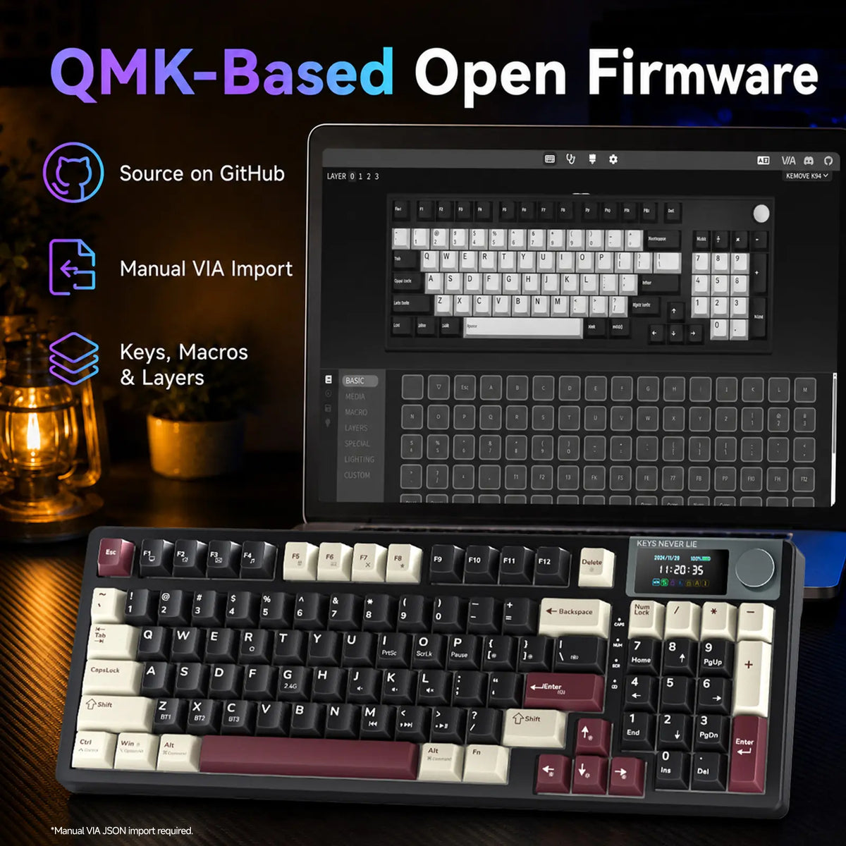 [NEW] Kemove K94 QMK Programmable Wireless Mechanical Keyboard, 94-Key Gaming Keyboard with Knob & LCD Screen, Tri-Mode RGB Lights, Hot Swappable Creamy-Sounding for Pc/Laptop/Windows Gift