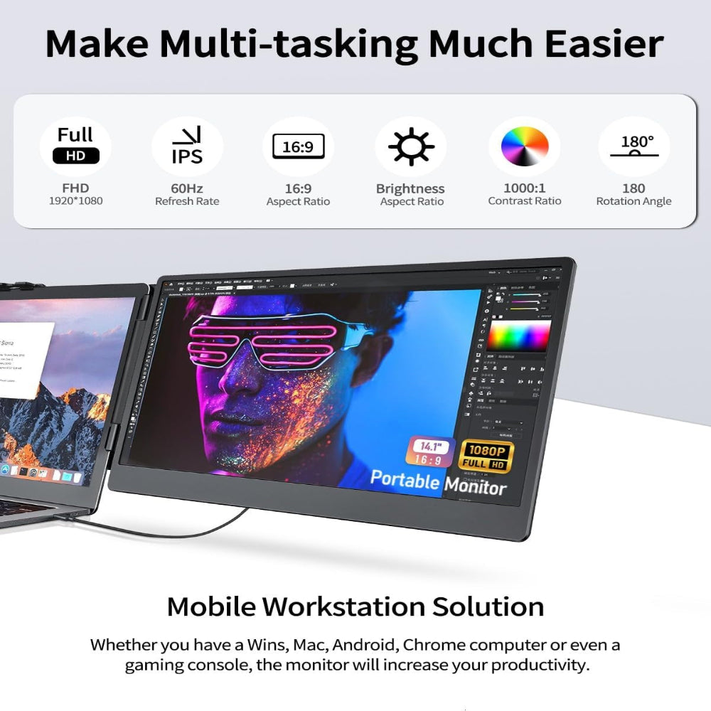 14.1'' Laptop Screen Extender, 1080P FHD IPS Portable Dual Monitor for Laptop, USB C HDMI Plug-Play Monitor Extender for Triple Display for Macos/Windows, Fits 13-17.3" Laptops