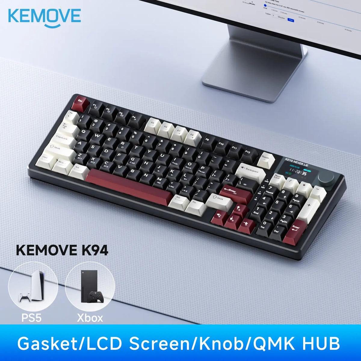 [NEW] Kemove K94 QMK Programmable Wireless Mechanical Keyboard, 94-Key Gaming Keyboard with Knob & LCD Screen, Tri-Mode RGB Lights, Hot Swappable Creamy-Sounding for Pc/Laptop/Windows Gift