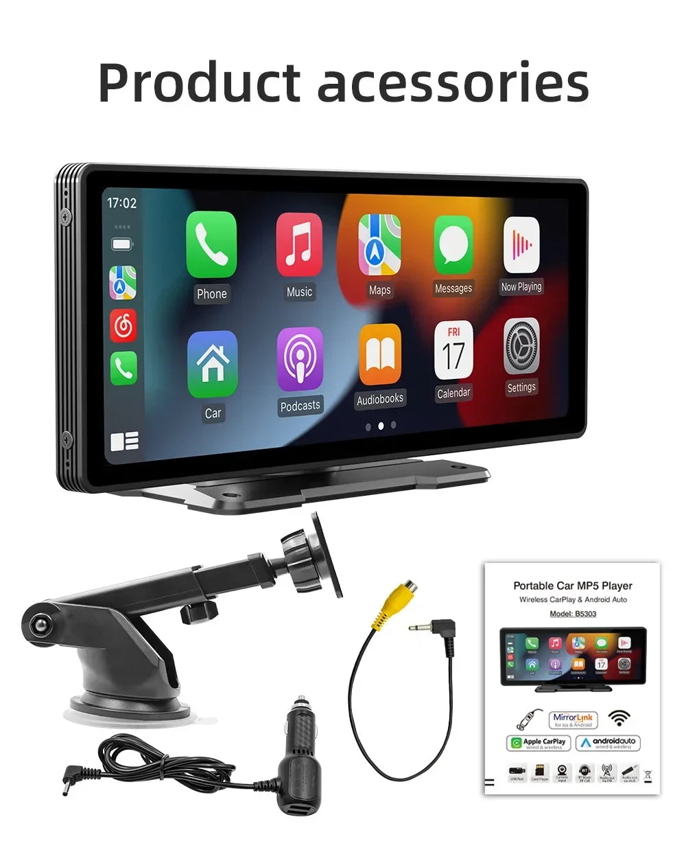 10.26'' Car Monitor with Wireless Carplay Android Auto HD Screen Camera Bluetooth FM Transmitter USB TF Video Player for Vehicle