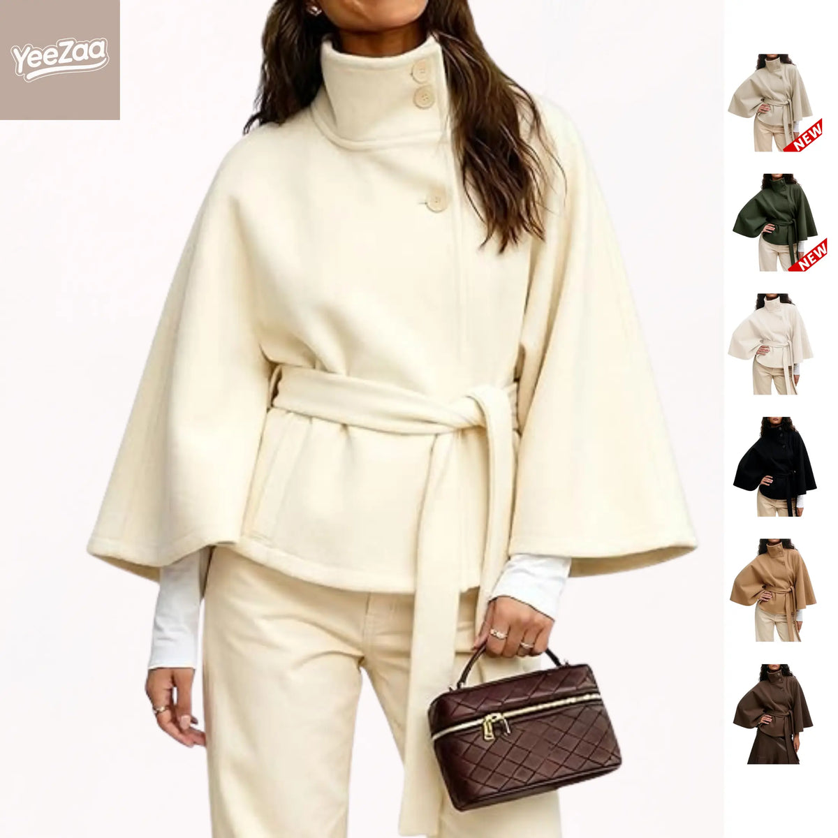 Yeezaa Poncho Pea Coat for Women Wool Blend Oversized Belted 2026 Fashion Fall Winter Elegant Stand Collar Cropped Cape Jacket Batwing Sleeve Trendy Casual Outerwear Overcoat