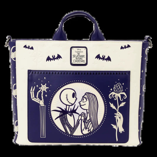 Loungefly Jack Skellington & Sally Bats-Print Synthetic Convertible Backpack-Tote Bag, Casual Unisex Functional Luggage