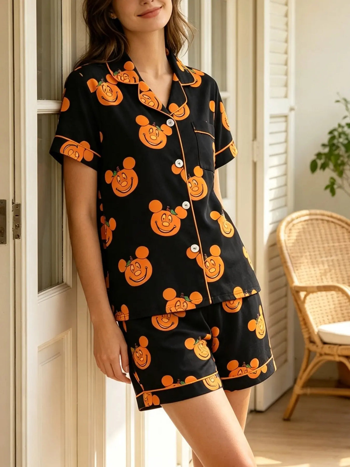 Women'S Short Sleeve Sleepwear Set, Halloween Skull Print, Casual Fitted above Knee, All Seasons, Daily Home Wear