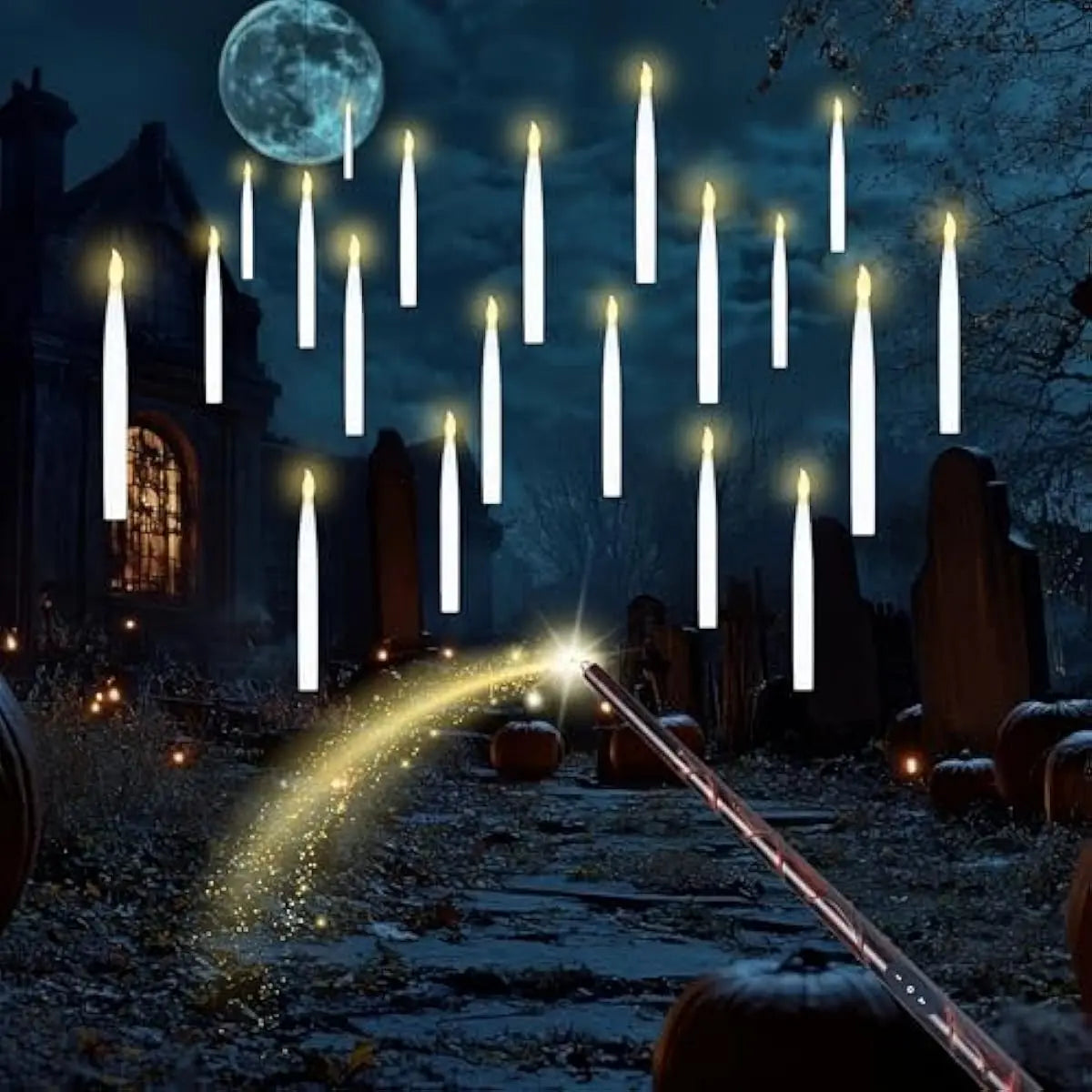 20Pcs Halloween Floating Candles with Wand Remote Flickering Warm Light Taper Magic Hanging Candles with 2 Light Mode and Timer Flameless LED Candle for Halloween Window Decorations Party Gift,Decorative Lights