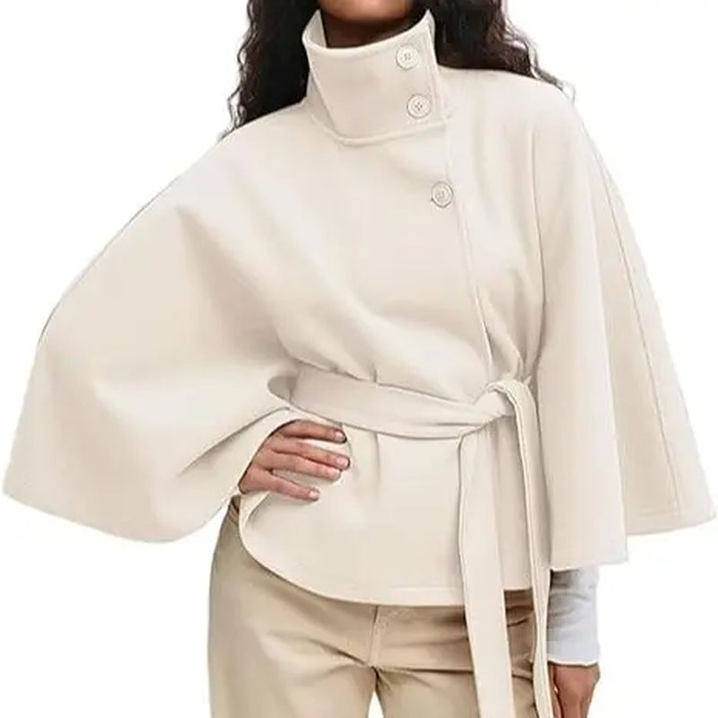 Yeezaa Poncho Pea Coat for Women Wool Blend Oversized Belted 2026 Fashion Fall Winter Elegant Stand Collar Cropped Cape Jacket Batwing Sleeve Trendy Casual Outerwear Overcoat