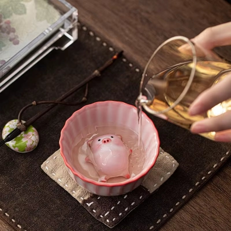 Bubble-Blowing Pig Tea Pet, Celadon Glaze Teacup,Creative Gongfu Tea Set | Unique Gift