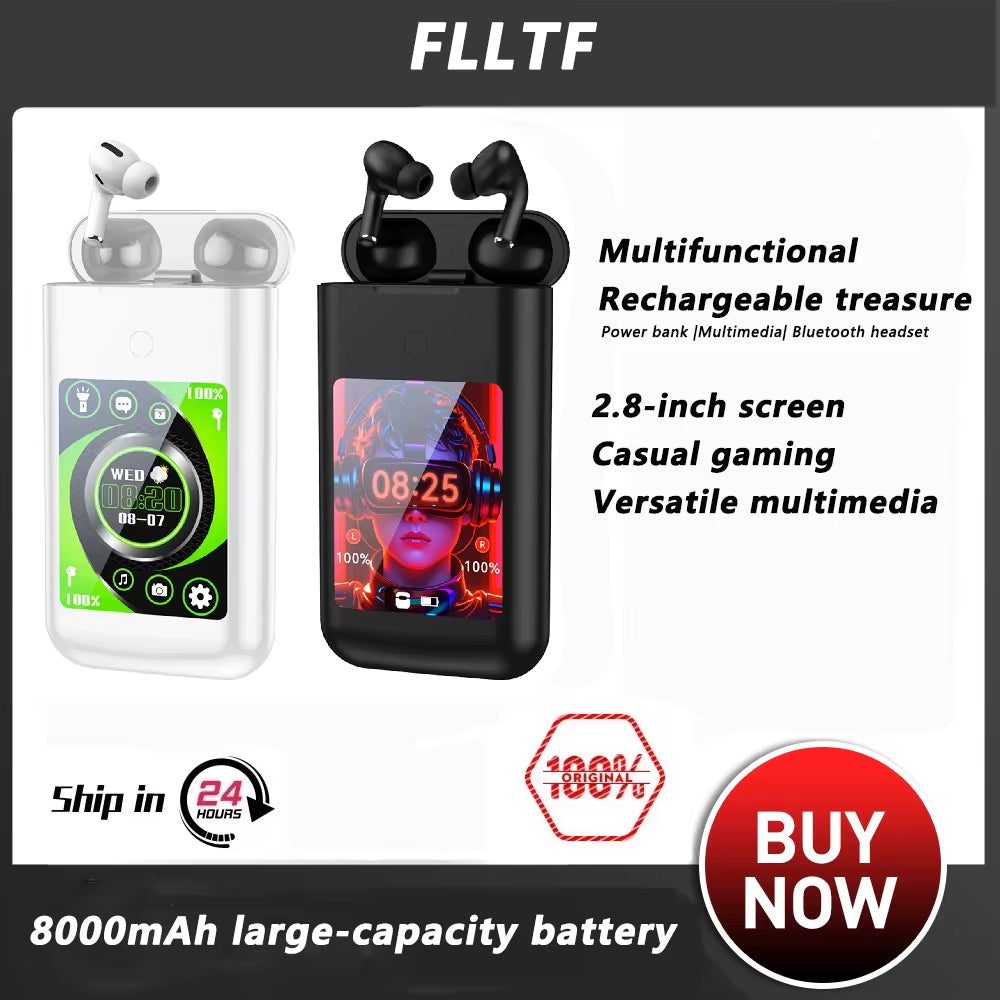 FLLTF A98 BOX Multiple Function in Ear Bluetooth Wireless Earphone Charging Case with 2.8" Touch Screen Power Bank Music Games
