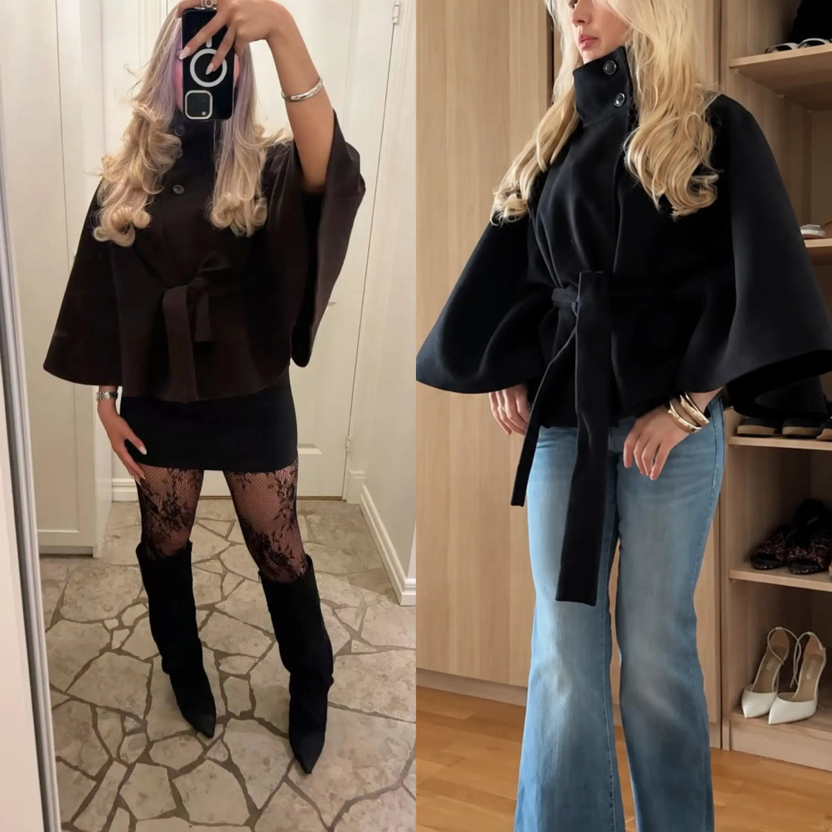 Yeezaa Poncho Pea Coat for Women Wool Blend Oversized Belted 2026 Fashion Fall Winter Elegant Stand Collar Cropped Cape Jacket Batwing Sleeve Trendy Casual Outerwear Overcoat
