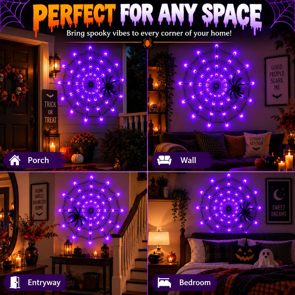 Halloween Spider Web LED Lights, 47In Battery-Powered Set with Remote Control, 8 Lighting Modes, Purple Fuzzy Spider, Glow Effect for Spooky Vibe Wall, Porch, Bedroom Inspo Festive Decor