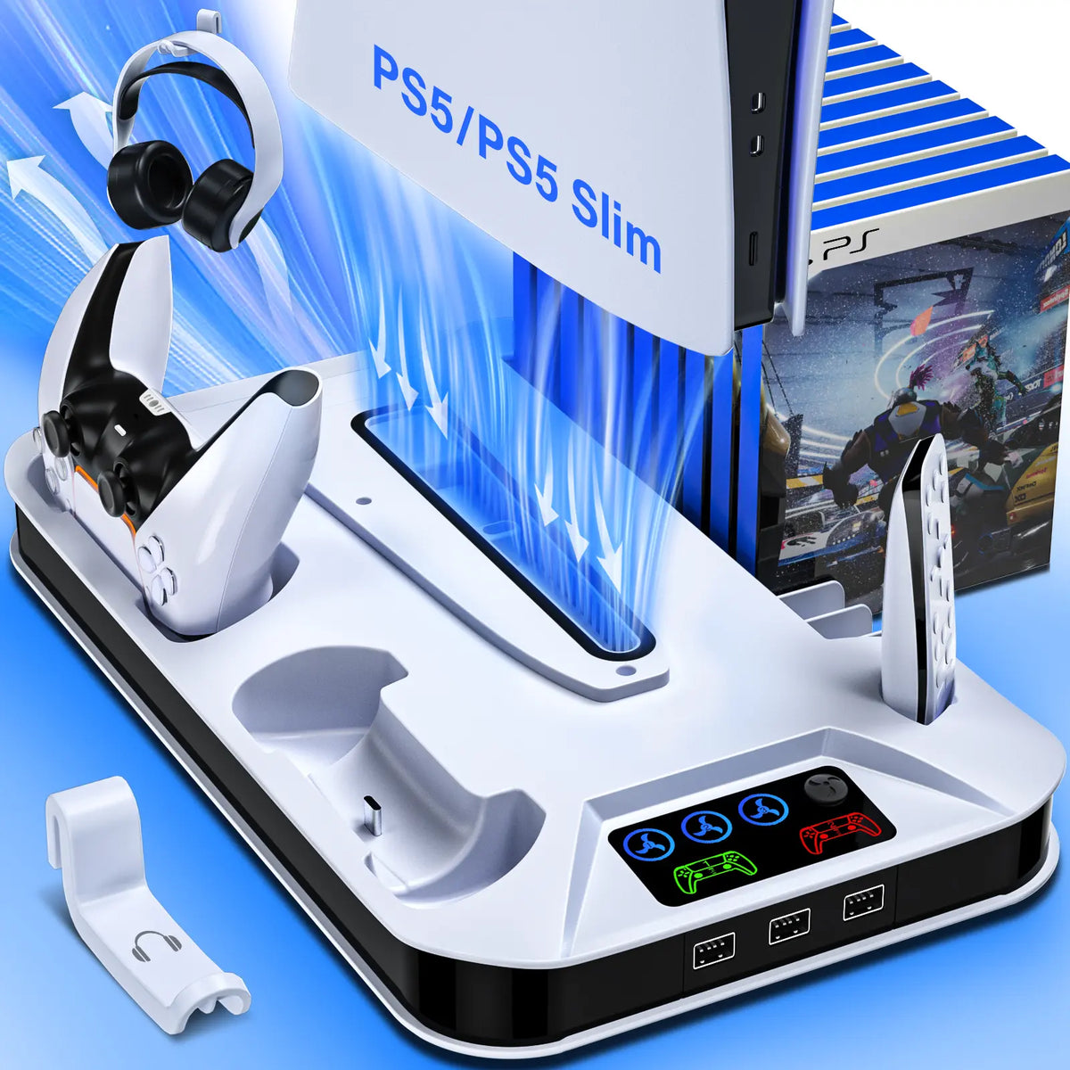 PS5 Cooling Station with Dual Controller Charging Base, 3-Level Silent Cooling Fan, Vertical Stand for Ps5/Slim/Pro Disc & Digital, Christmas Gifts