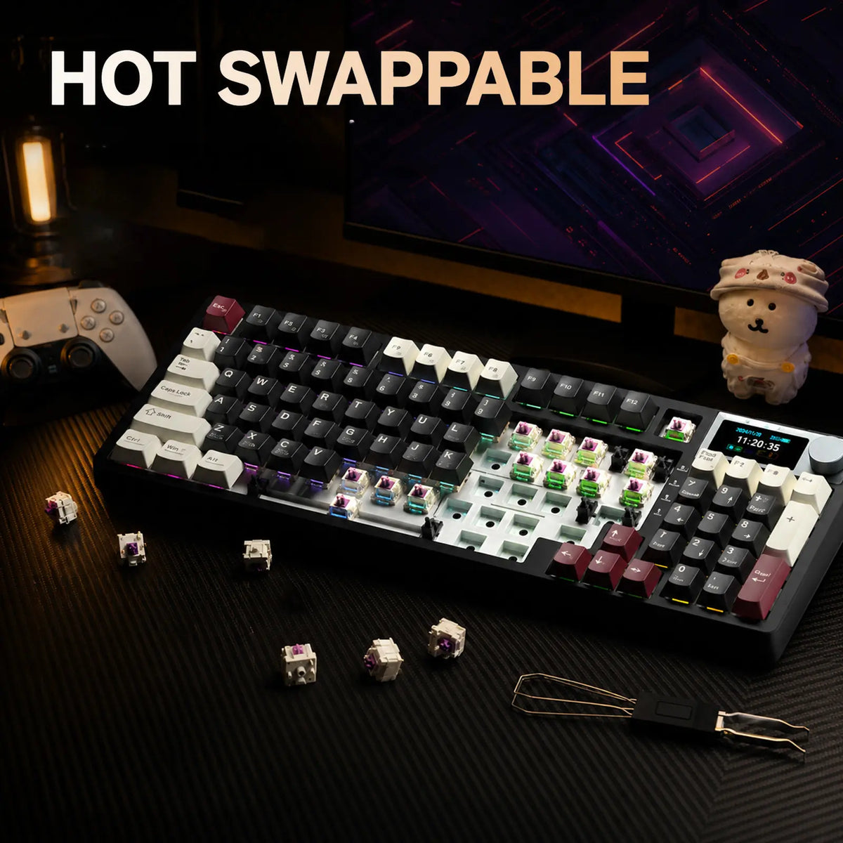 [NEW] Kemove K94 QMK Programmable Wireless Mechanical Keyboard, 94-Key Gaming Keyboard with Knob & LCD Screen, Tri-Mode RGB Lights, Hot Swappable Creamy-Sounding for Pc/Laptop/Windows Gift