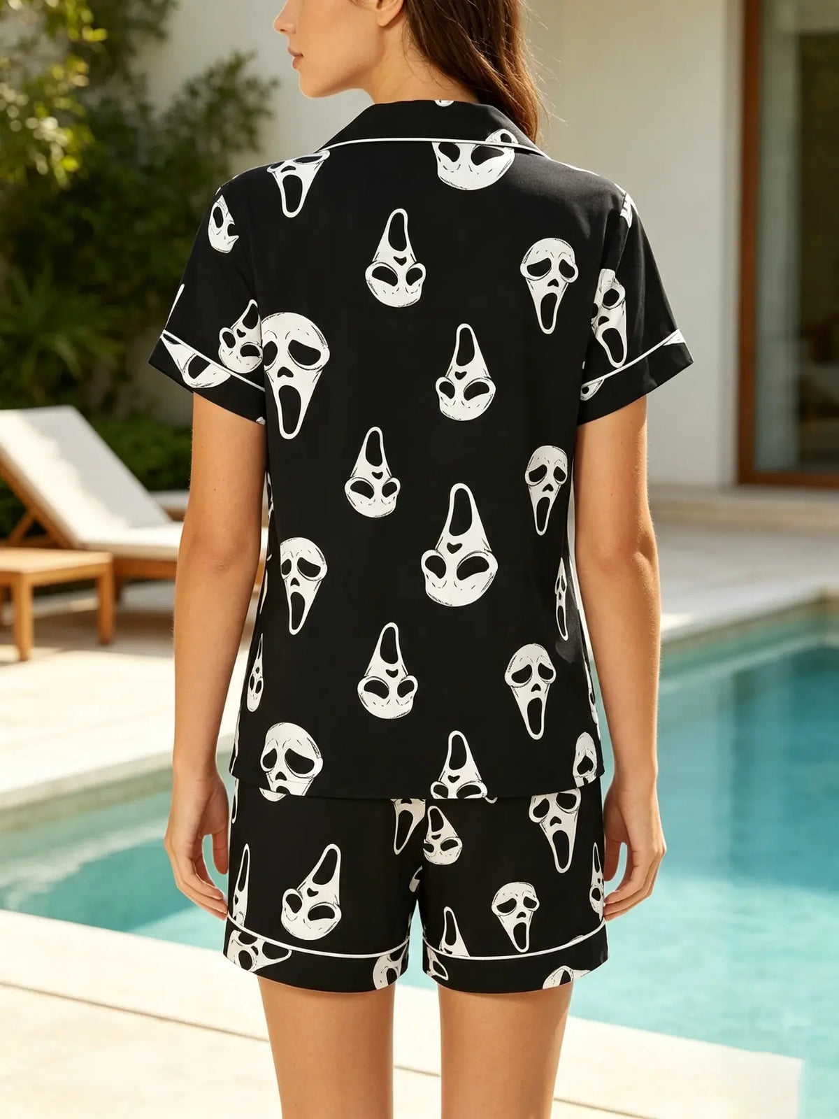 Women'S Short Sleeve Sleepwear Set, Halloween Skull Print, Casual Fitted above Knee, All Seasons, Daily Home Wear