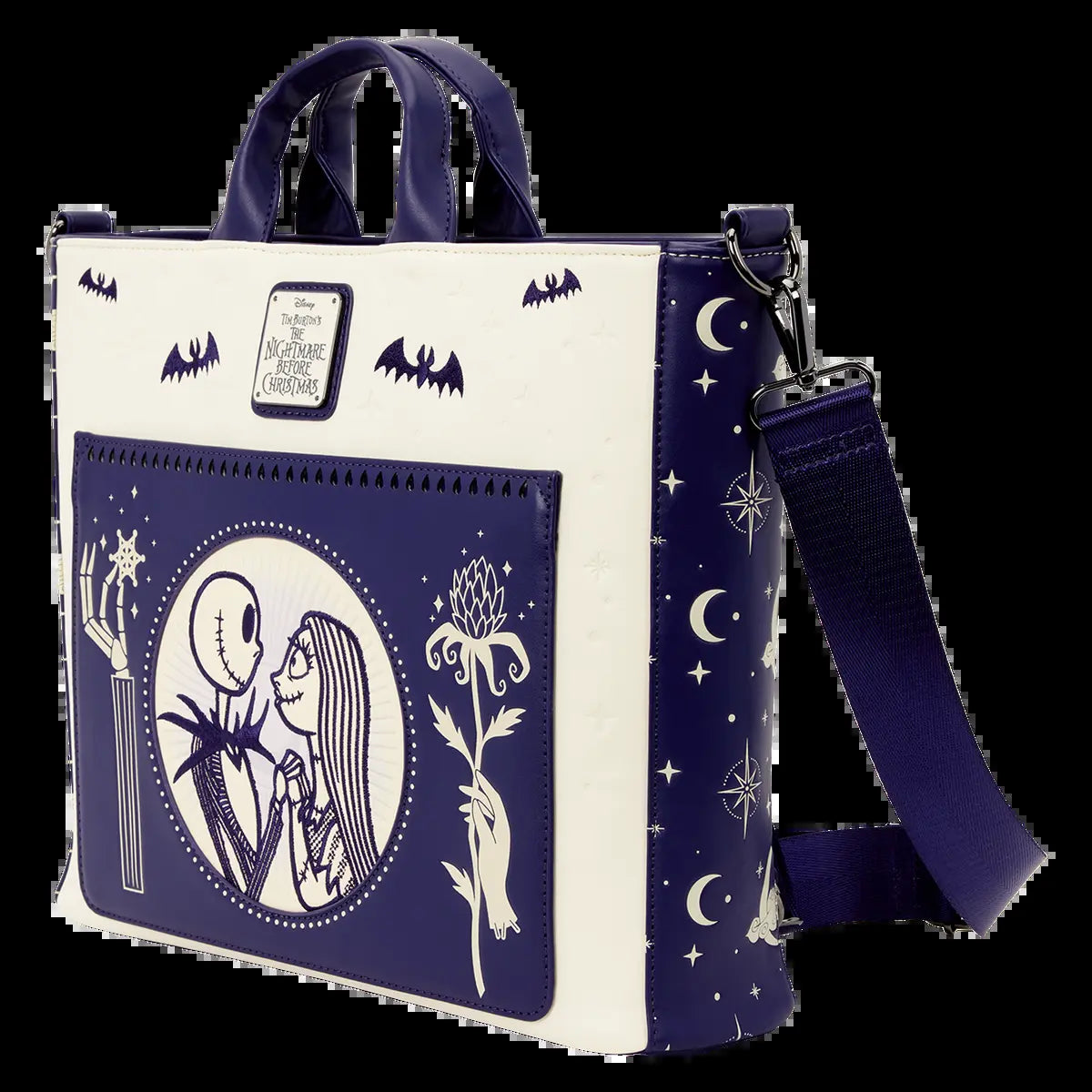 Loungefly Jack Skellington & Sally Bats-Print Synthetic Convertible Backpack-Tote Bag, Casual Unisex Functional Luggage