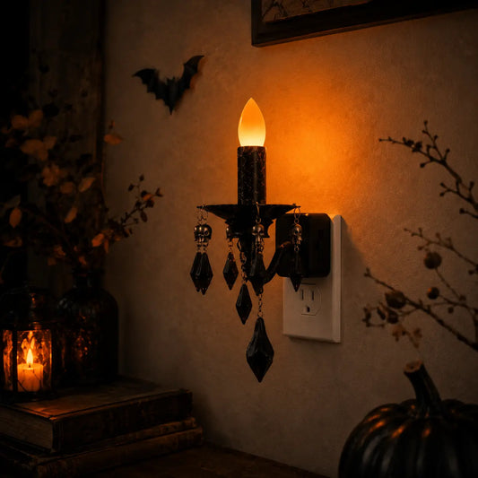 【Halloween Gift】Gothic Candle Night Light, Plug-In Wall Night Light with Light Sensor, 0-100LM Dimmable Halloween Skull Crystal Night Light, Vintage Gothic Decor