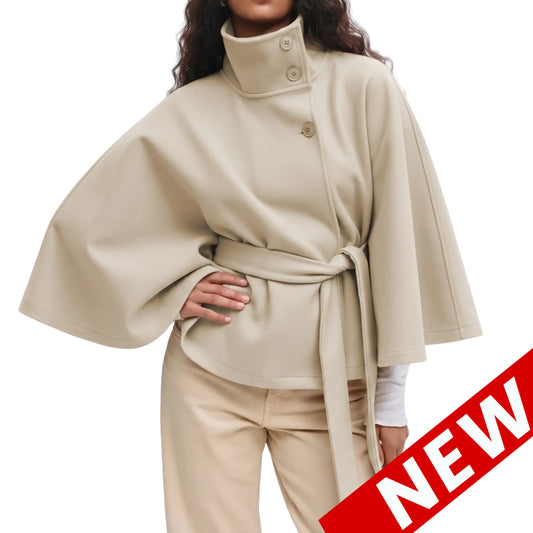 Yeezaa Poncho Pea Coat for Women Wool Blend Oversized Belted 2026 Fashion Fall Winter Elegant Stand Collar Cropped Cape Jacket Batwing Sleeve Trendy Casual Outerwear Overcoat