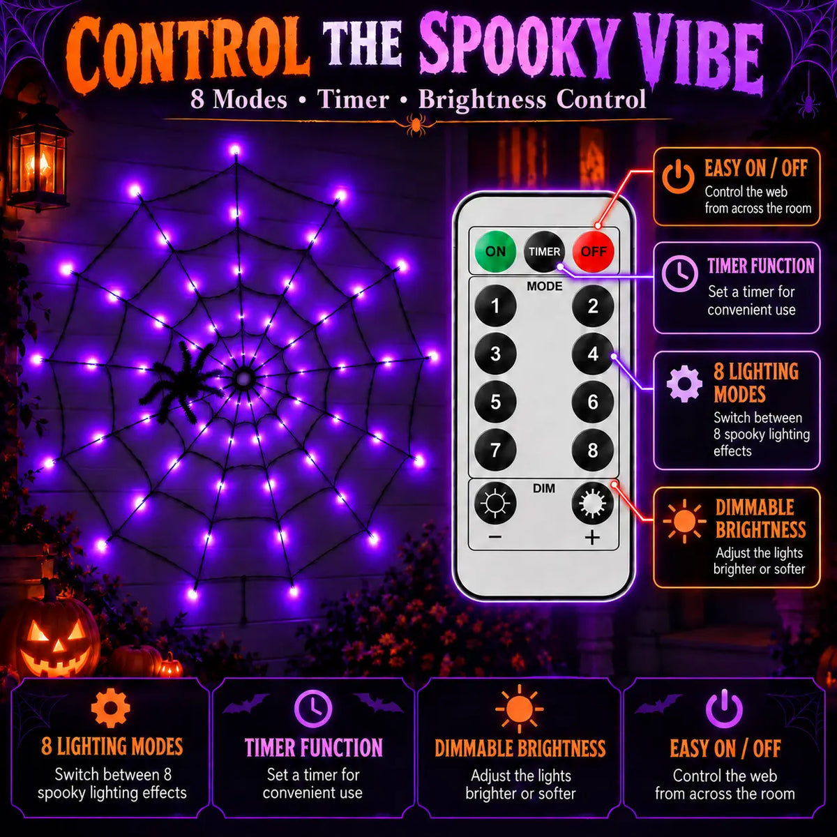 Halloween Spider Web LED Lights, 47In Battery-Powered Set with Remote Control, 8 Lighting Modes, Purple Fuzzy Spider, Glow Effect for Spooky Vibe Wall, Porch, Bedroom Inspo Festive Decor