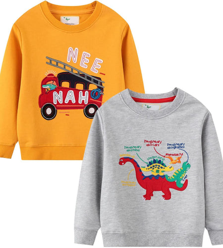2 Pack Toddler Boys Sweatshirts Patterned Long Sleeve Pullover Crewneck Tops Shirts