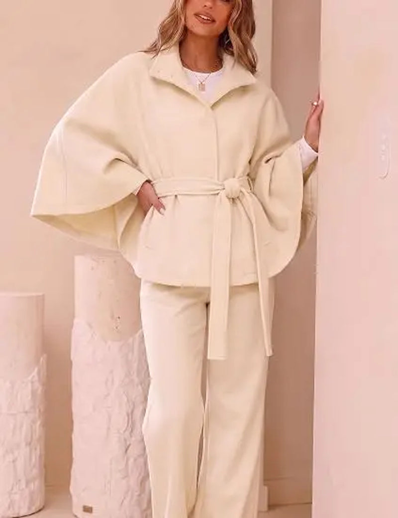 Yeezaa Poncho Pea Coat for Women Wool Blend Oversized Belted 2026 Fashion Fall Winter Elegant Stand Collar Cropped Cape Jacket Batwing Sleeve Trendy Casual Outerwear Overcoat