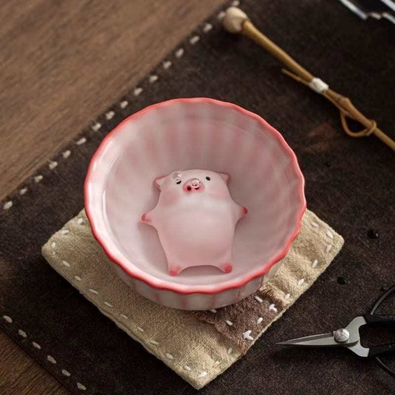 Bubble-Blowing Pig Tea Pet, Celadon Glaze Teacup,Creative Gongfu Tea Set | Unique Gift