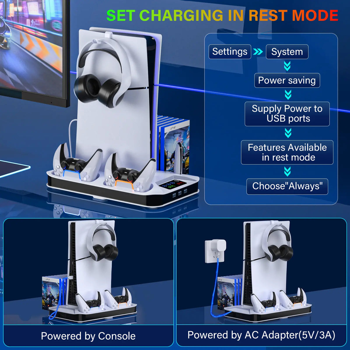 PS5 Cooling Station with Dual Controller Charging Base, 3-Level Silent Cooling Fan, Vertical Stand for Ps5/Slim/Pro Disc & Digital, Christmas Gifts