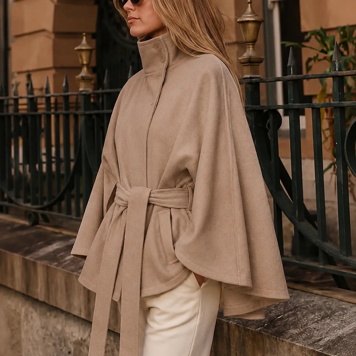 Yeezaa Poncho Pea Coat for Women Wool Blend Oversized Belted 2026 Fashion Fall Winter Elegant Stand Collar Cropped Cape Jacket Batwing Sleeve Trendy Casual Outerwear Overcoat