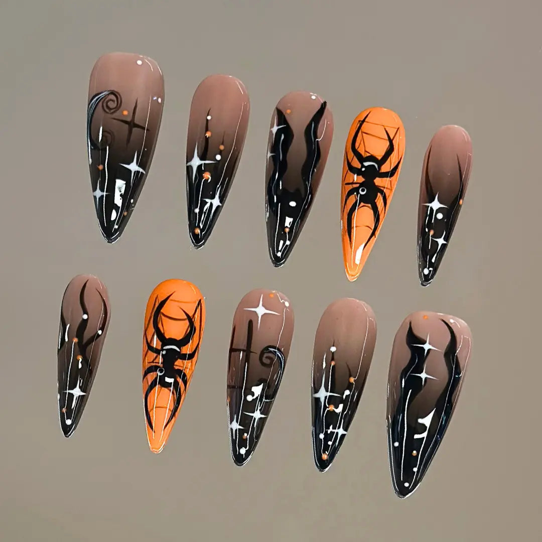 Nailvesta HALLOWEEN COLLECTION – 100% Handcrafted 3D Press-On Nails | Reusable, Long-Lasting, Salon-Quality Black Lace Nail Art Nail Art Holiday Odorless Debonder Serum Cat Eye Design Brown Soft Gel Short Coffin Acrylic False Nail Luxury Jade Y2K Baddie