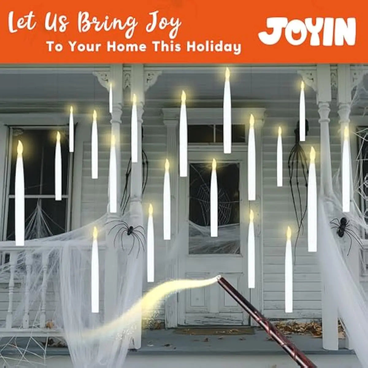 20Pcs Halloween Floating Candles with Wand Remote Flickering Warm Light Taper Magic Hanging Candles with 2 Light Mode and Timer Flameless LED Candle for Halloween Window Decorations Party Gift,Decorative Lights