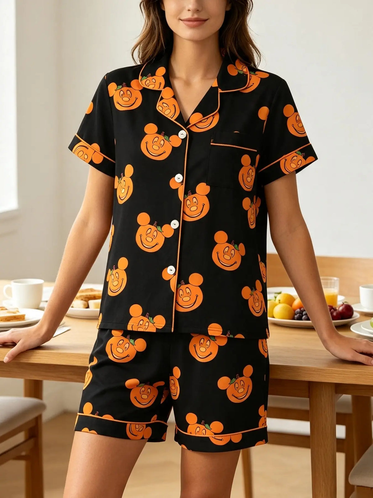 Women'S Short Sleeve Sleepwear Set, Halloween Skull Print, Casual Fitted above Knee, All Seasons, Daily Home Wear