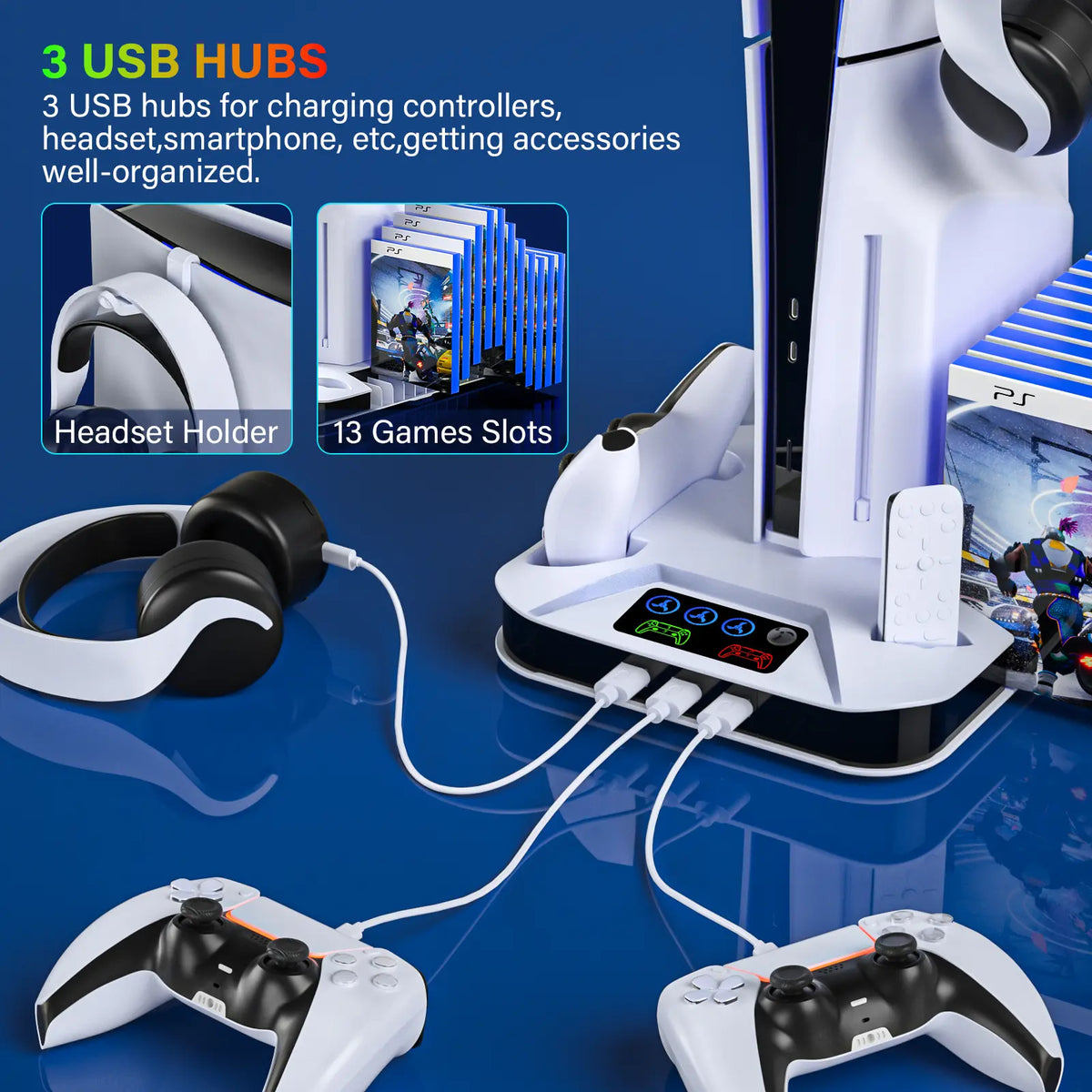 PS5 Cooling Station with Dual Controller Charging Base, 3-Level Silent Cooling Fan, Vertical Stand for Ps5/Slim/Pro Disc & Digital, Christmas Gifts