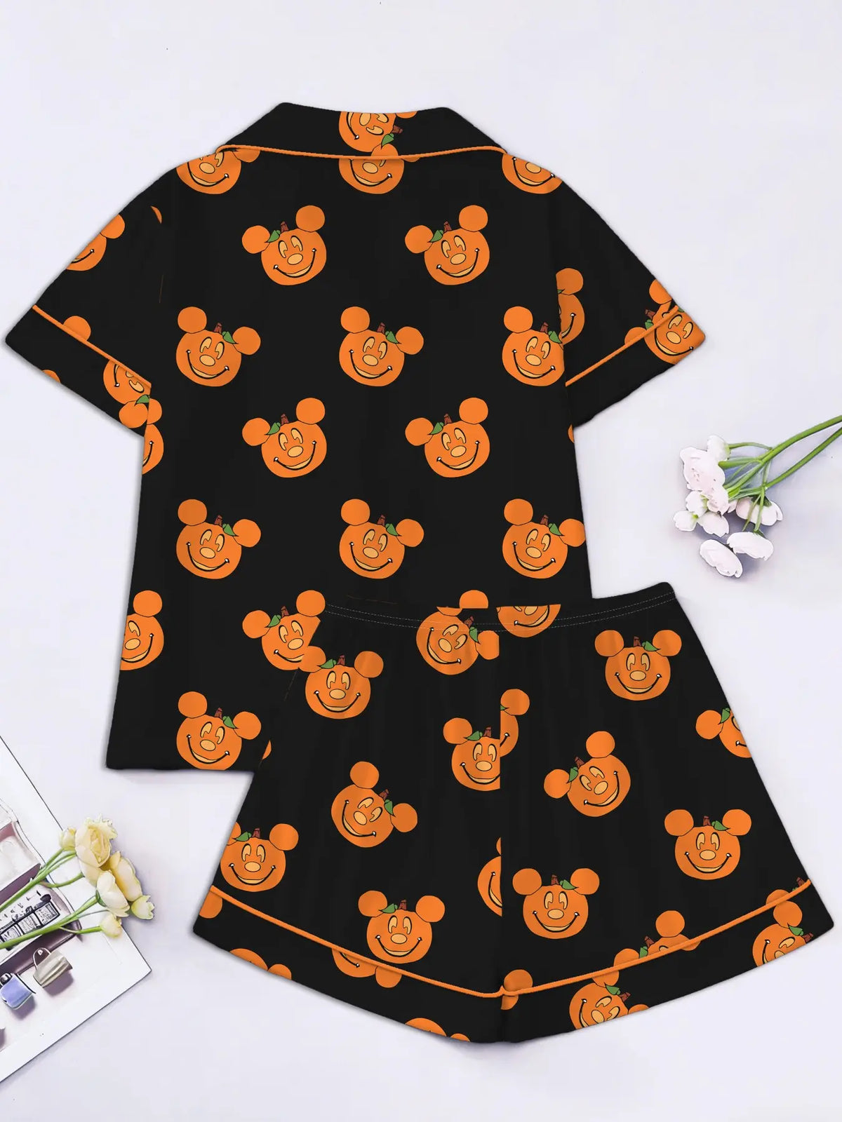 Women'S Short Sleeve Sleepwear Set, Halloween Skull Print, Casual Fitted above Knee, All Seasons, Daily Home Wear
