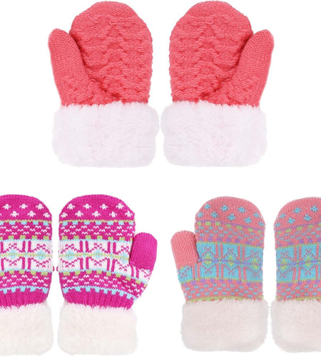 3 Pairs Kids' Sherpa Lined Knit Mittens Boys Girls Winter Gloves