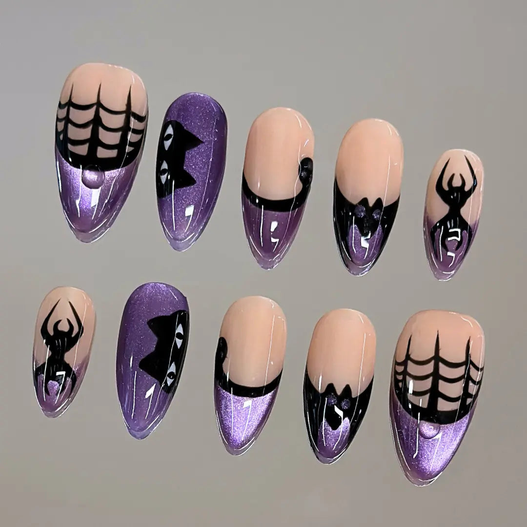 Nailvesta HALLOWEEN COLLECTION – 100% Handcrafted 3D Press-On Nails | Reusable, Long-Lasting, Salon-Quality Black Lace Nail Art Nail Art Holiday Odorless Debonder Serum Cat Eye Design Brown Soft Gel Short Coffin Acrylic False Nail Luxury Jade Y2K Baddie