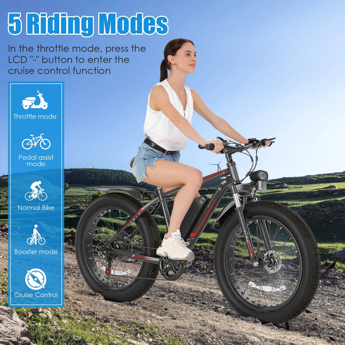 Elifine 26"X4.0 Fat Tire Electric Bike, 624Wh Battery, 48V 500W Ebike Electric Mountain Bike, Cruise Control Mode, Adult E Bikes for Men, LCD Meter, 7-Speed Snow Bike Beach E-Bike for Adults UL2849