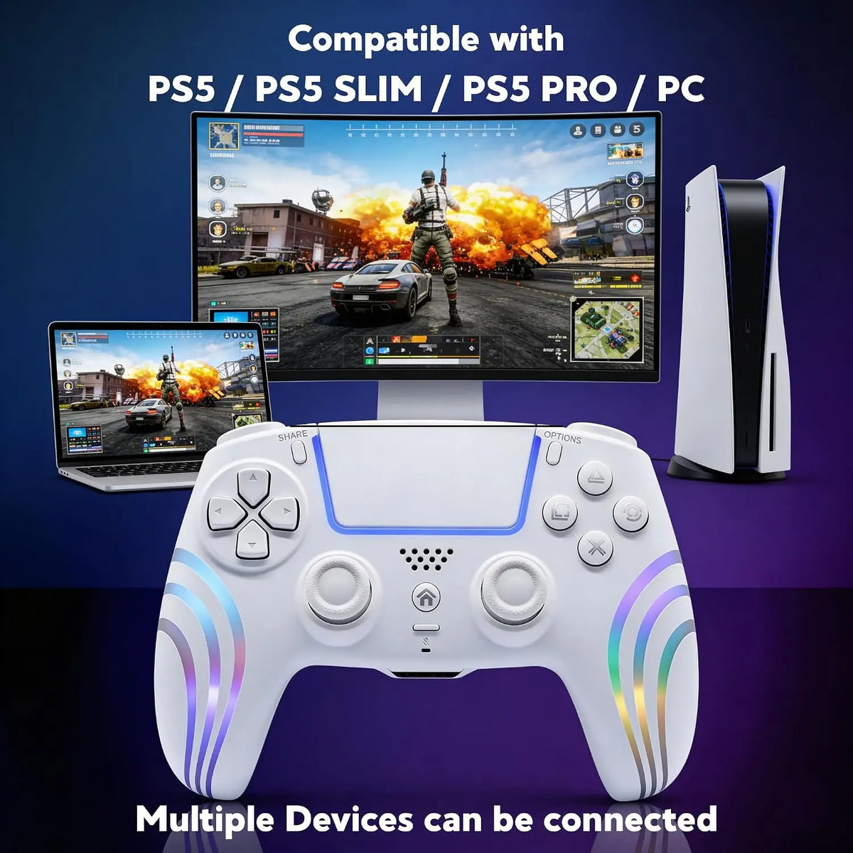 PS5/PC RGB Wireless Game Controller with Anti-Drift Sticks – Programmable Macro Back Button, 6-Axis Gyroscope, Dual Vibration, Rapid Fire, Touchpad, Bluetooth 5.0, 3.5 Mm Audio and Microphone Jack, Back-To-School Season, Back-To-School Gear
