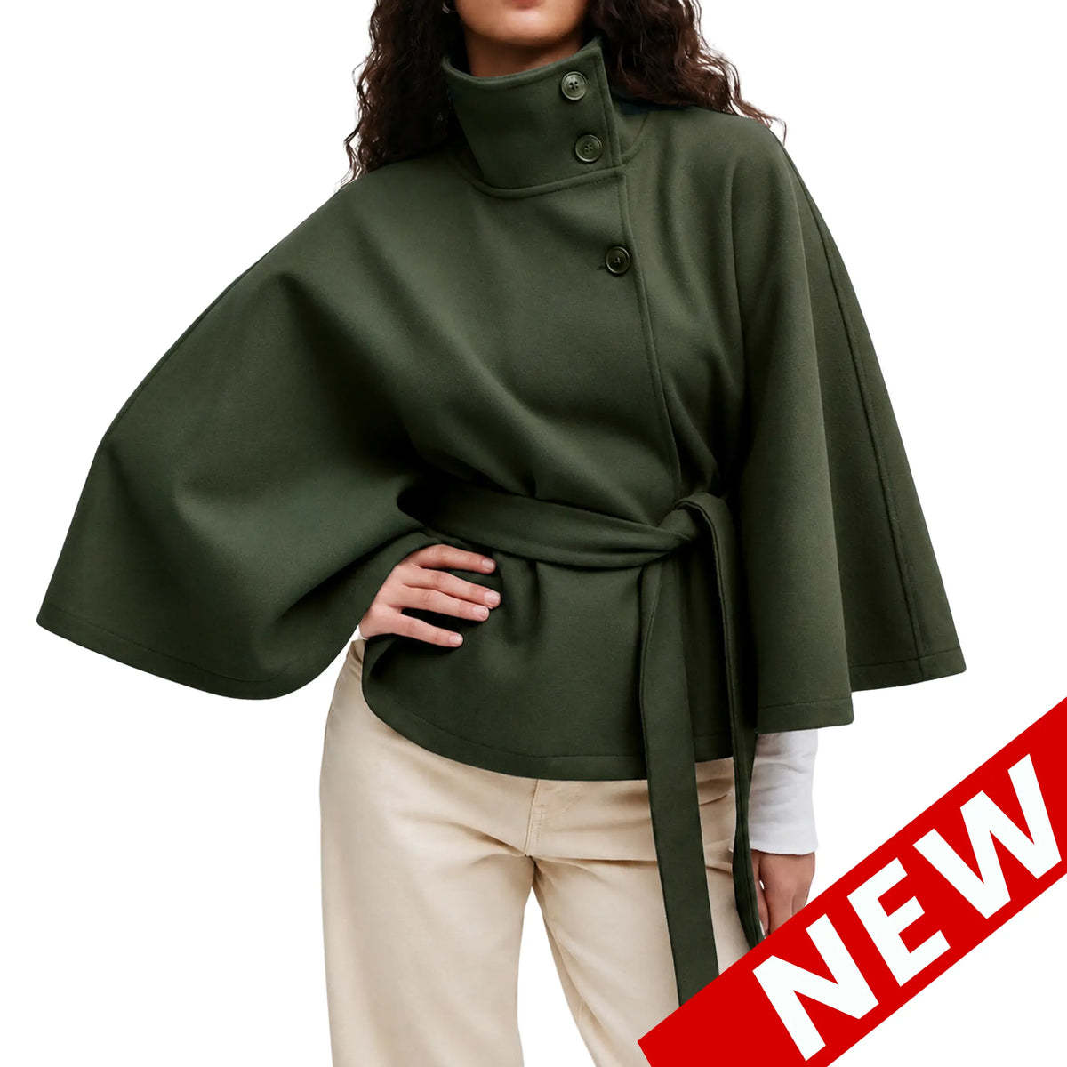 Yeezaa Poncho Pea Coat for Women Wool Blend Oversized Belted 2026 Fashion Fall Winter Elegant Stand Collar Cropped Cape Jacket Batwing Sleeve Trendy Casual Outerwear Overcoat