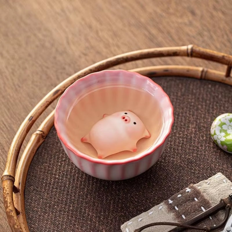 Bubble-Blowing Pig Tea Pet, Celadon Glaze Teacup,Creative Gongfu Tea Set | Unique Gift
