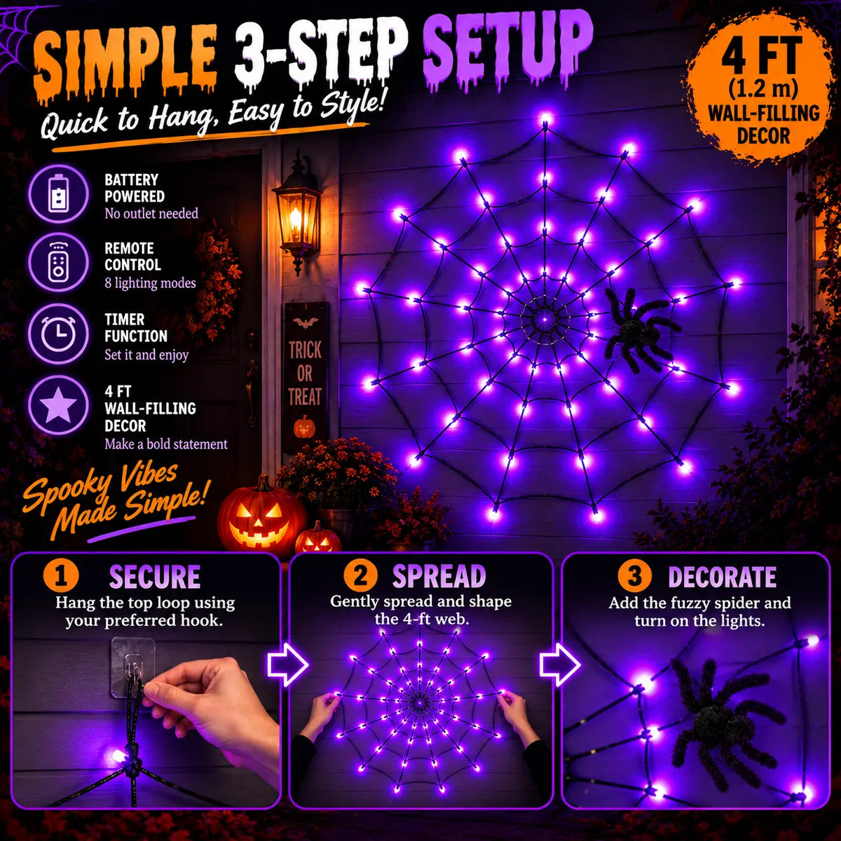 Halloween Spider Web LED Lights, 47In Battery-Powered Set with Remote Control, 8 Lighting Modes, Purple Fuzzy Spider, Glow Effect for Spooky Vibe Wall, Porch, Bedroom Inspo Festive Decor