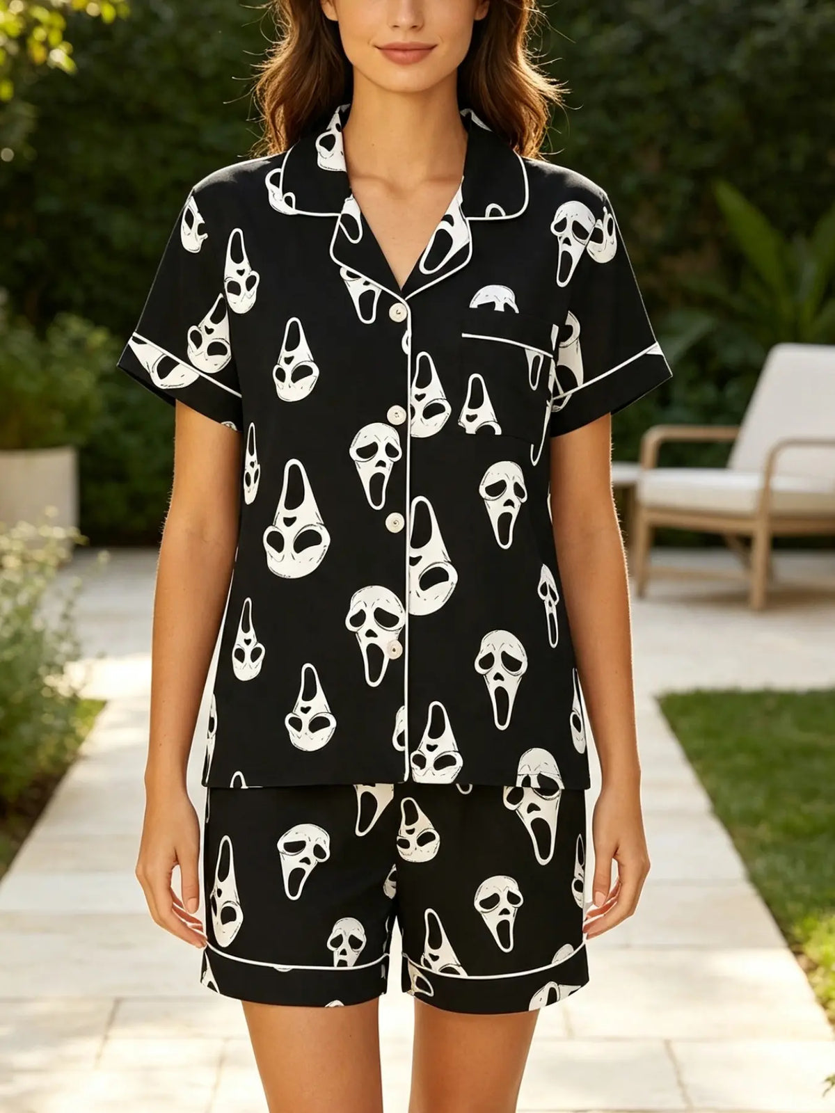 Women'S Short Sleeve Sleepwear Set, Halloween Skull Print, Casual Fitted above Knee, All Seasons, Daily Home Wear