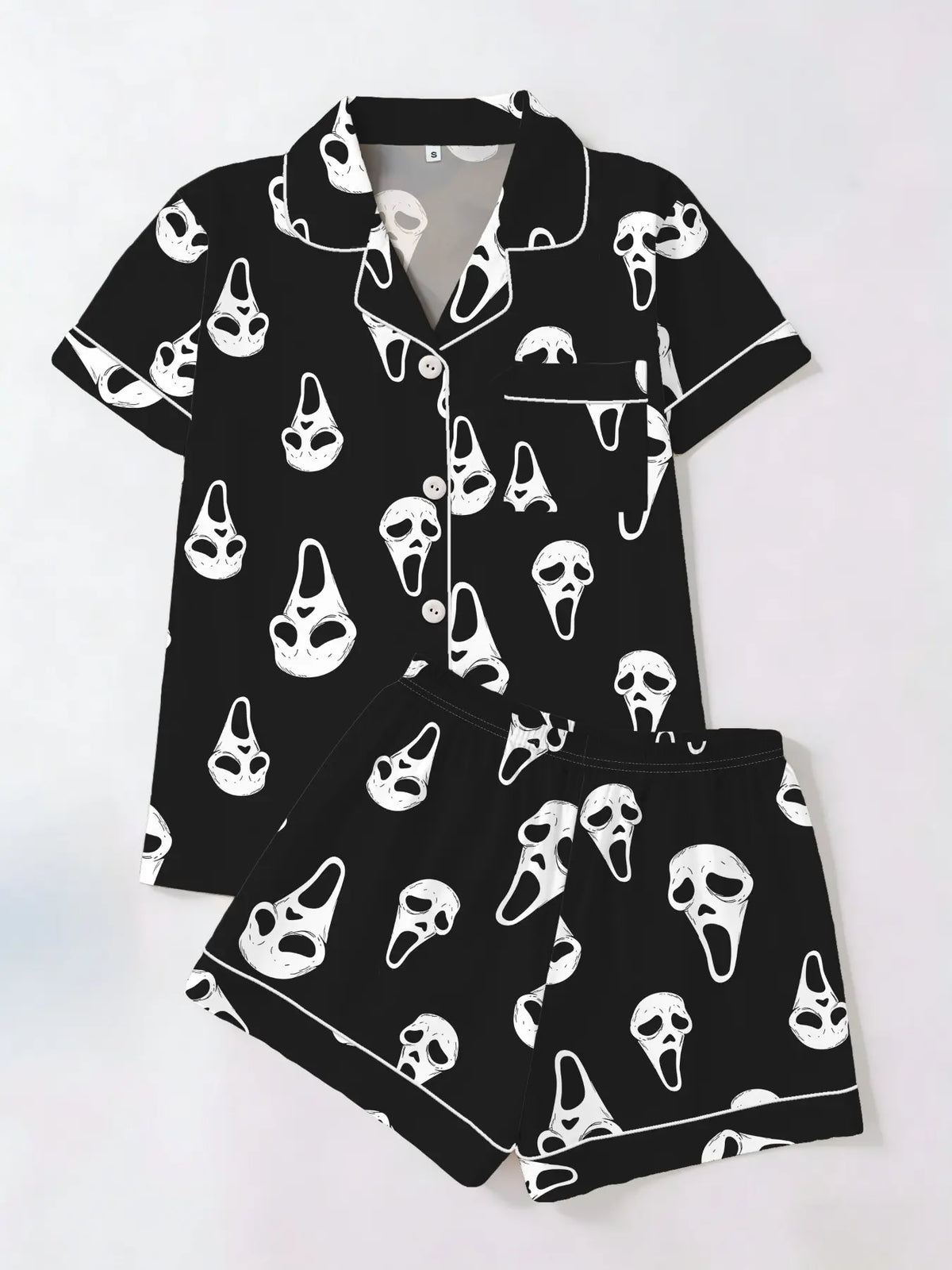 Women'S Short Sleeve Sleepwear Set, Halloween Skull Print, Casual Fitted above Knee, All Seasons, Daily Home Wear